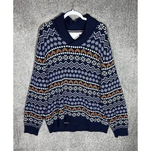 Sun + Stone Fair Isle Shawl Collar Sweater Mens Size XXL Blue Orange Cotton Knit